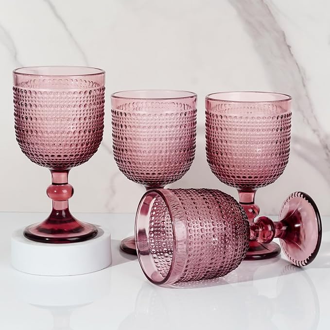 12 oz Purple Vintage Wine Glasses,Hobnail Drinking Glasses Set of 4,Embossed Goblet Glasses for Wedding,Party, Dinner,Bar