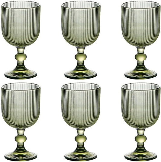 Green Drinking Glasses set of 6 Big Wine Goblets Vintage Colored Glassware 13 oz for Wedding Party Bar Vertical Line Embossed Pattern Stemmed Cups 400ml