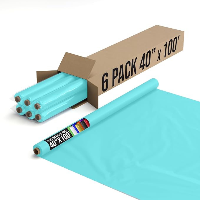 Party Solids Aqua Plastic Table Cover Roll Pack of 6, 40" X 100' Table Cloth Plastic Cover Roll - Premium Quality Thick 0.5 MIL Banquet Rolls - Disposable Tablecloth Rolls by Exquisite