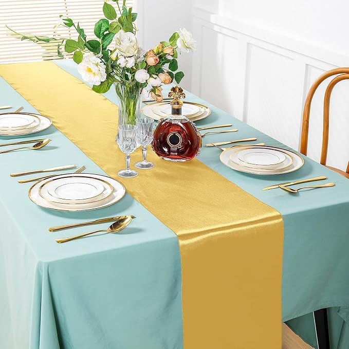 SI Pack of 10 Wedding 12 x 108 inch Satin Table Runner for Wedding, Decorations for Graduations, Engagements, Birthday Parties, Banquets, Runners fit Rectangle, Round Table - Light Gold - Image 2