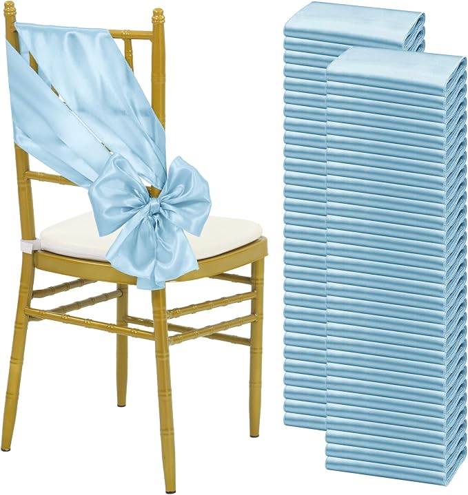 YMHPRIDE 60 PCS Baby Blue Satin Chair Sashes,Ties Bows Designed Chair Sashes for Wedding Party Baby Shower Banquet Restaurant Hotel Folding Chairs Decoration(Light Blue,7x78 inch) by YMHPRIDE