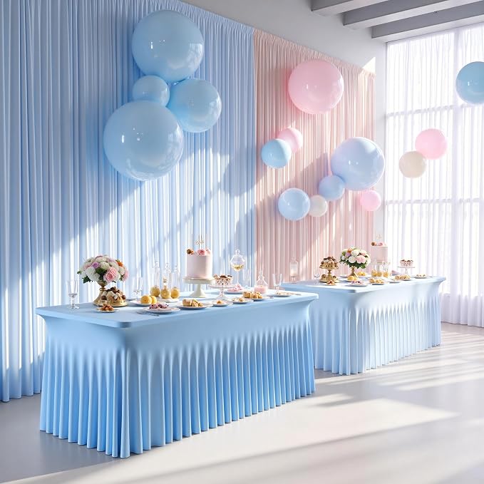 4 pk Baby Blue Spandex Tablecloth 6ft with Ruffle Skirt, Wrinkle Free High Stretch Fitted Tablecloths for 6 Foot Rectangle Tables, Blue Eastic Spandex Table Covers 6ft for Parties Banquet Weddings - Image 3