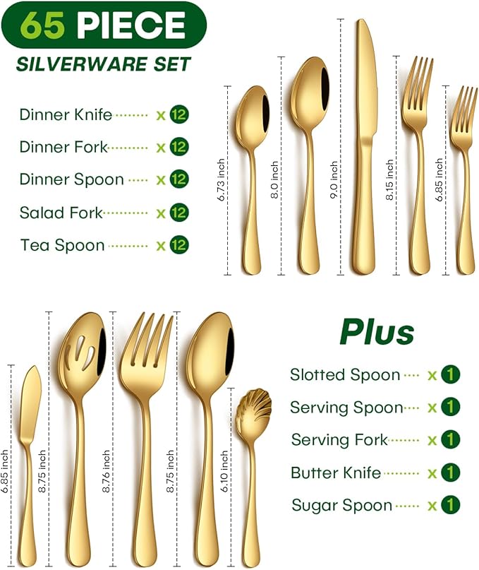 65 Piece Gold Silverware Set with Serving Utensils, Stainless Steel Flatware Set for 12 Food Grade Cutlery Utensil Set Include Knife Fork Spoon Mirror Polished Dishwasher Safe