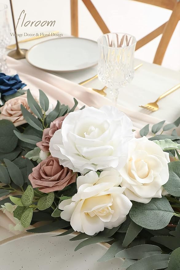 Floroom 6ft Artificial Eucalyptus Garland with Flowers Fake Greenery Faux Floral Vine Garland for Table Decor Wedding Centerpieces Bridal Shower Party Decorations, Dusty Rose & Navy - Image 3