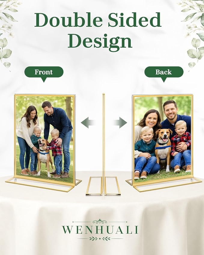 4x6" 24 Pack Acrylic Sign Holders Gold Border with T-Style Base for Menus | WENHUALI Stylish Double-Sided Clear Frame with Vertical Stand, for Menu, Wedding Table Number, Restaurant Sign, Photo Display - Image 4