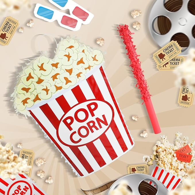 Popcorn Pinatas Bundle with a Blindfold and a Bat(16.5 x 12.5 x 3.5 Inches), Perfect for Fun Kid's Birthday Parties, Cinema Movie Theme Party Decoration Games