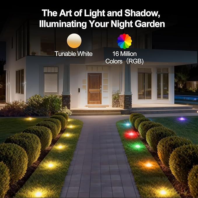 Outdoor Ground Lights, 50FT Smart RGB Pathway Lights with APP/Remote Control, Music Sync, Timer Function, IP67 Waterproof Wired Color-Changing Pathway Light for Garden, Courtyard, Lawn and Parties