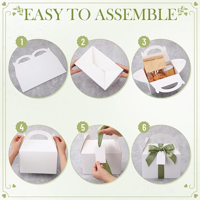 Maitys 50 Set Large Gable Boxes with Handle, Ribbon, Tag, White,Sage Green | Party Favor Gift Boxes, Wedding Welcome Treats, Dessert Table Display, Elegant Satin Ribbon Bow, Personalized Name Tag - Image 3