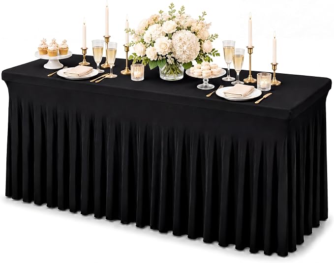 Fixwal 6 Ft Tablecloth Rectangle Black Spandex Table Cover by Fixwal