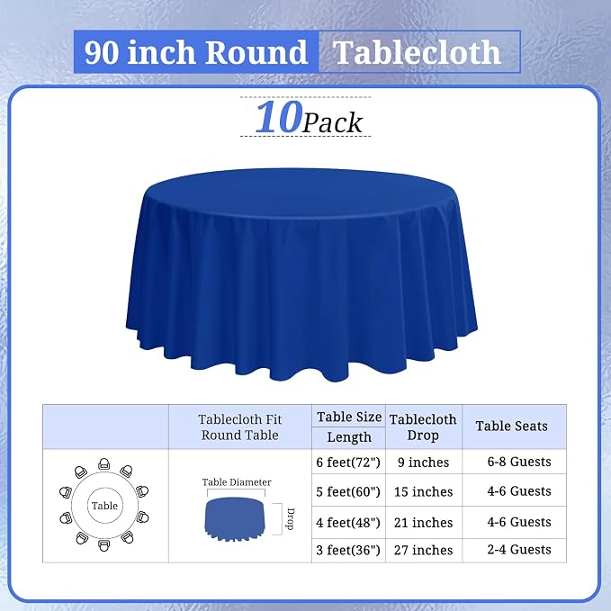 10 Packs 90 Inch Royal Blue Round Polyester Tablecloths | Table Cover for Round Tables, Stain and Wrinkle Resistant Washable Table Cloth, Perfect for Wedding Banquet Parties - Image 2