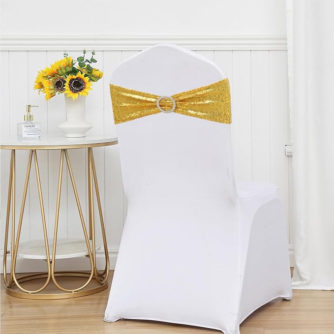 Full Sparkly Sequins Gold Chair Sashes for Wedding, Shimmering Glitter Chair Bands Bows for Party Ceremony Event Decorations - 50 Pack - Image 4