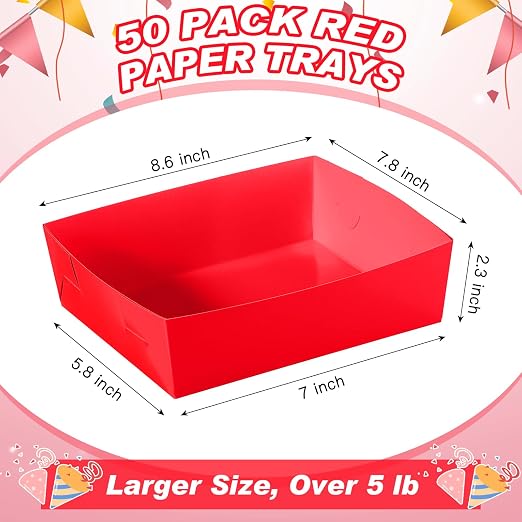 Uiifan 50 Pcs 5 lb Extra Large Paper Food Trays Disposable Food Boat Nacho Plate Serving Snack Trays Grease Resistant Self-assembly for Back to School Party Birthday Wedding Supply (Red) - Image 3