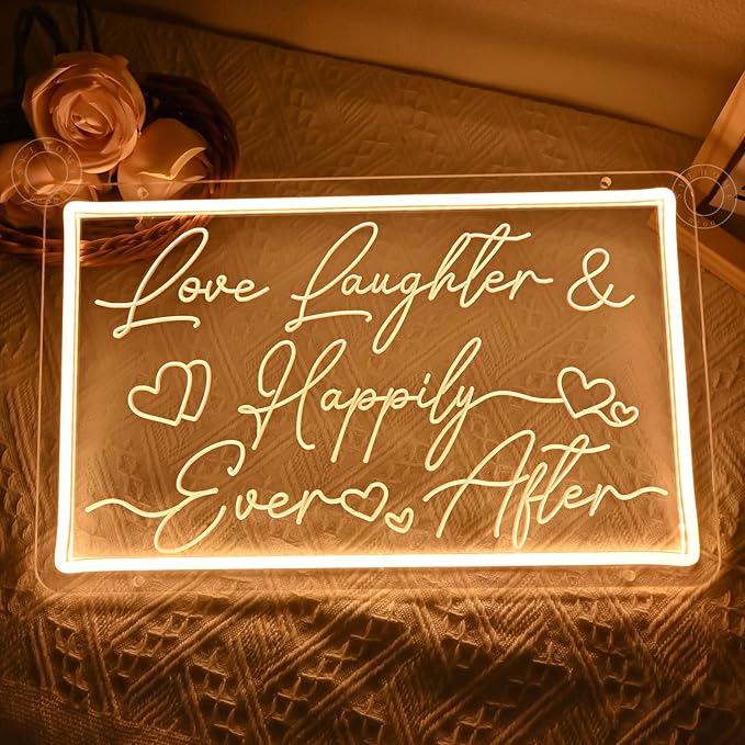 SYLHOME Led Neon Light Sign Love Laughter Happily Ever After Wedding Backdrop Home Bedroom Living Room Wall Sign Decor Birthday Christmas Party 15.75" X 9.84" USB
