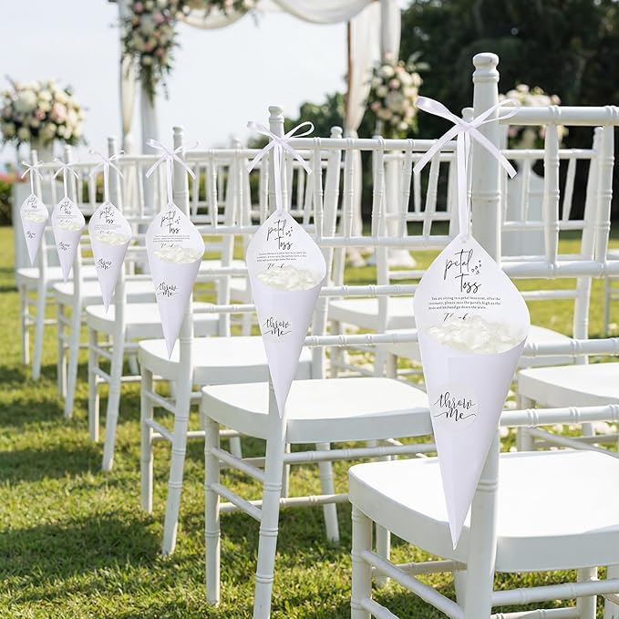 Wedding Petal Cones Kit 50 Sheets Cardstock 2000 Cream Fake Petals 50 'throw Me' Stickers 2 Rolls White Ribbon for Bridal Shower Wedding Favor Celebration Toss