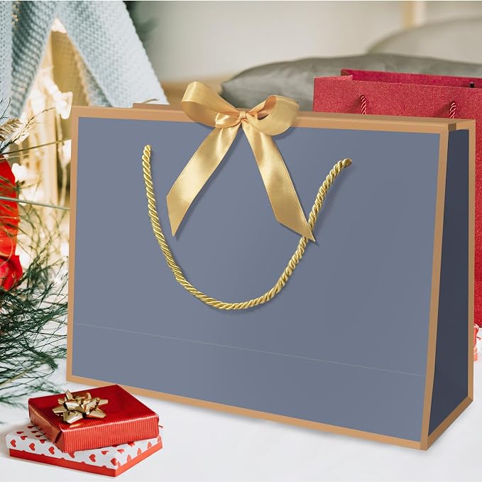 5 | 12 | 25 | 50 Pack Gift Bag with Bow Ribbon Horizontal Paper Gift Bags Bulk for Women Men,with Handles for Birthday Wedding Bridesmaid Party Favor Shopping Retail Gift Sacks (Navy, 11x4x8 Inch (Pack of 5)) - Image 5