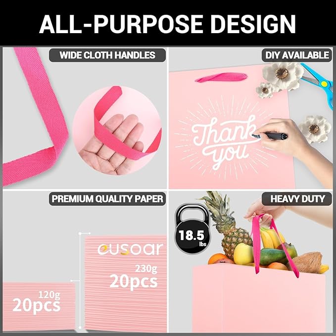 EUSOAR Large Pink Gift Bags, 3 Pack 16x6x12 inches Shopping Paper Bags with Handles Bulk, Retail Kraft Wrapping Paper Bag for Wedding, Craft Grocery, Boutique, Party Favor, Business - Image 3