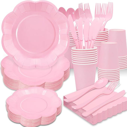 350PCS Light Pink Paper Plates and Napkins Set with Utensils Serve 50 Guests,Pink Party Decorations for Baby Shower Graduation Valentines Day Party Supplies by Gudvilla