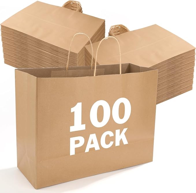 XPCARE Large Brown Paper Bags, 100 Pcs 16x6x12 Paper Gift Bags with Handles | Medium Paper Bags with Handles Bulk Retail Kraft Paper Bag Gift Bag for Wedding Party Shopping by XPCARE