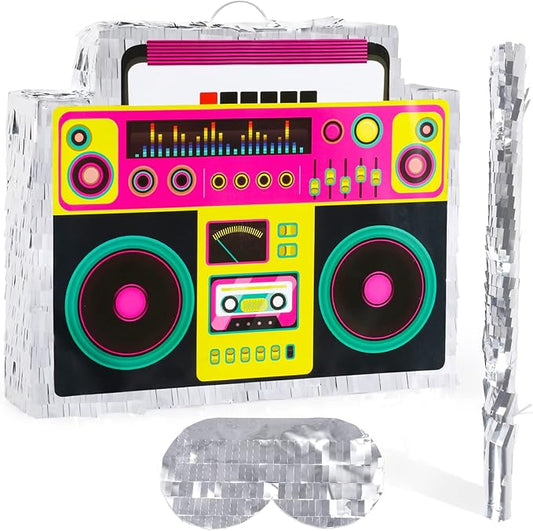 Boombox Pinata with Stick Blindfold 80s Hip Hop Mexican Pinata Game for Back to the 80s Party Large Radio Gifts 70' Theme Birthday Party Decorations Supplies
