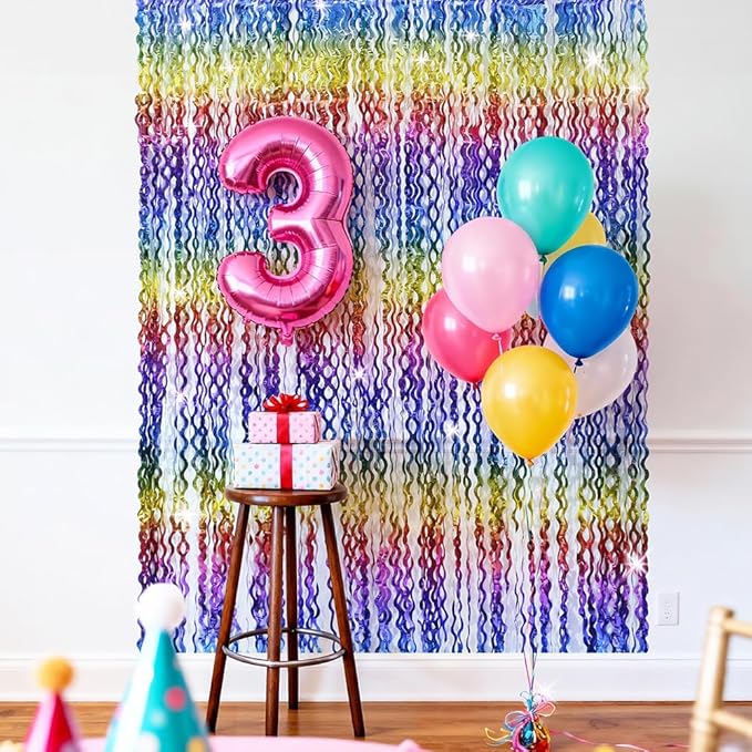 Rainbow Color Fringe Curtain Tinsel Streamer For Birthday Wedding Valentines Baby Shower, 4 Pack 6.56*3.28 FT Wave Metallic Tinsel Backdrop Party Streamers Backdrop Garland Photo Booth Door Decoration