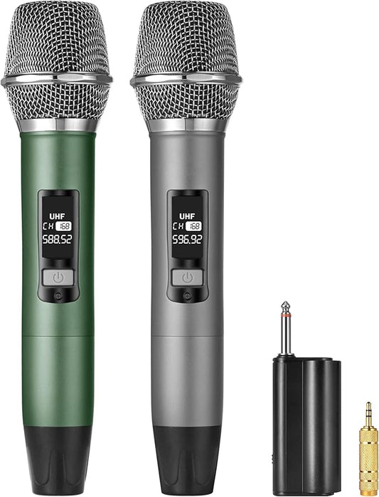 Rechargeable UHF Wireless Microphones, Two Metal Handheld Microphones with 1/4" Receiver, Plug-and-Play for Speaker & PA System, Karaoke Singsing, Lecture, Stage Performance (Green&Grey)