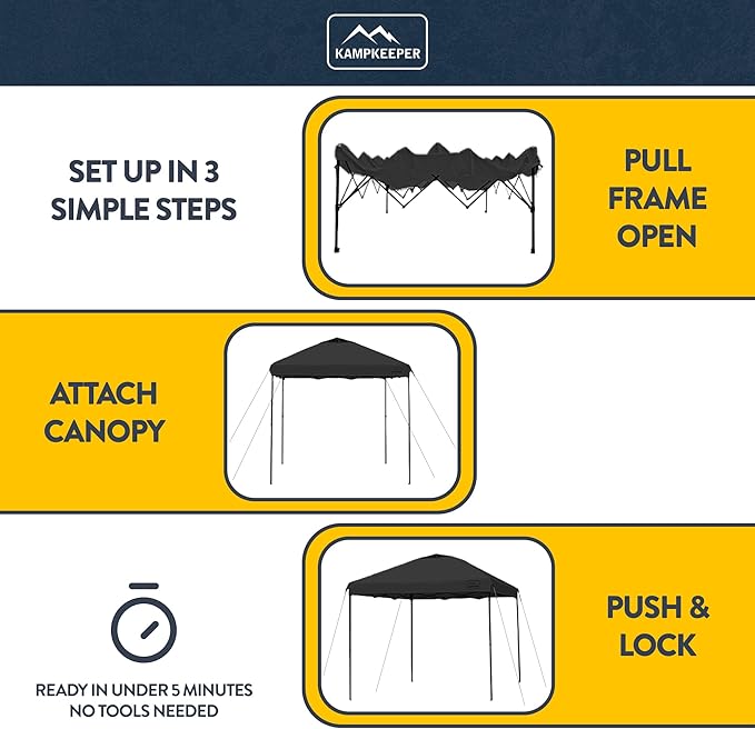 KAMPKEEPER 10x10 Pop-Up Canopy Tent, Waterproof, Portable Shade with Side Walls, Adjustable Instant Outdoor Shelter for Camping, Backyard, and Events, Black