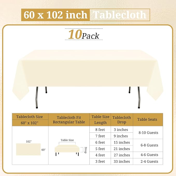 10 Pack Beige Tablecloths for 6ft Tables-60 x 102 Inch | Polyester Table Cover, Stain and Wrinkle Resistant Washable Fabric Table Cloth, Perfect for Wedding Banquet Parties - Image 2