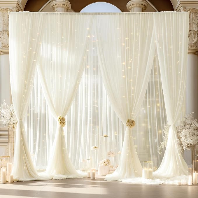 20ft x 10ft Ivory Backdrop Curtain with Lights String for Parties, Sheer Tulle Wedding Photo Backdrops Drapes for Baby Shower Birthday Party Decorations Background for Photography - Image 3