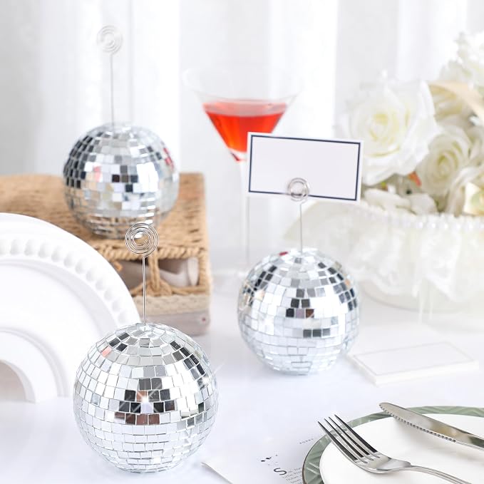 Maitys 20 Set Disco Ball Table Number Holders Silver,60pcs/20 Set,4 Inch | Swirl Wire Clips for Place Cards, Name Tags, Photo Stand, Wedding Bachelorette Party Decor, Includes 40 Blanks for Guests - Image 2