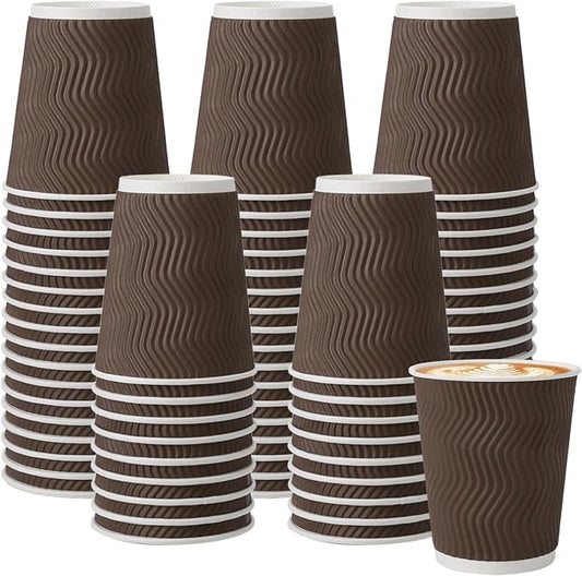 BYSNOW 150 Pack 10 oz Coffee Cups, Insulated Disposable Hot Paper Cups | Corrugated Ripple Wall Leakproof Drink Cups Without Lids Brown for Hot/Cold Beverages, Office, Home, Travel, Cafe, Party by BYSNOW