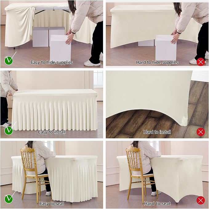 leegleri 2 Pack Ivory Spandex Fitted Table Clothes for 8 Foot Rectangle Tables, Wrinkle Free 8ft Spandex Table Cover with Skirt for Banquet Weddings Parties - Image 6