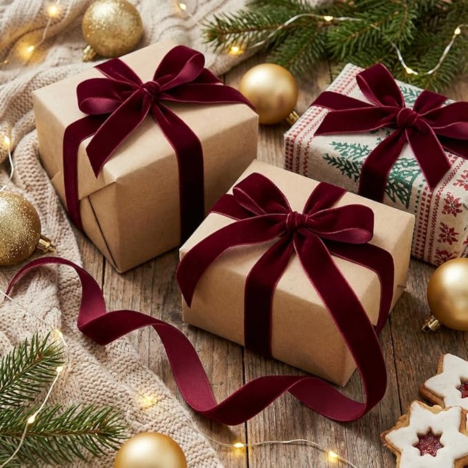 1" Burgundy Velvet Ribbon, 10 Yards Roll – Premium Flocked Velvet Fabric Trim for Christmas Gift Wrapping, Holiday Décor, Wreaths, Bows & DIY Craft Projects