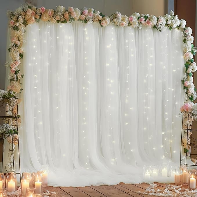 20ft x 10ft White Backdrop Curtain with Lights String for Parties, Sheer Tulle Wedding Photo Backdrops Drapes for Baby Shower Birthday Party Decorations Background for Photography - Image 6