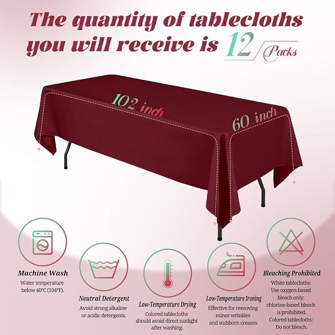 Teruntrue 12 Packs Burgundy Tablecloths 60x102 inch Rectangle Table Cloth for 6 Foot Rectangle Tables, Washable Polyester Fabric for Wedding Parties Banquet Holiday Dinner Table Decorative, Burgundy - Image 2