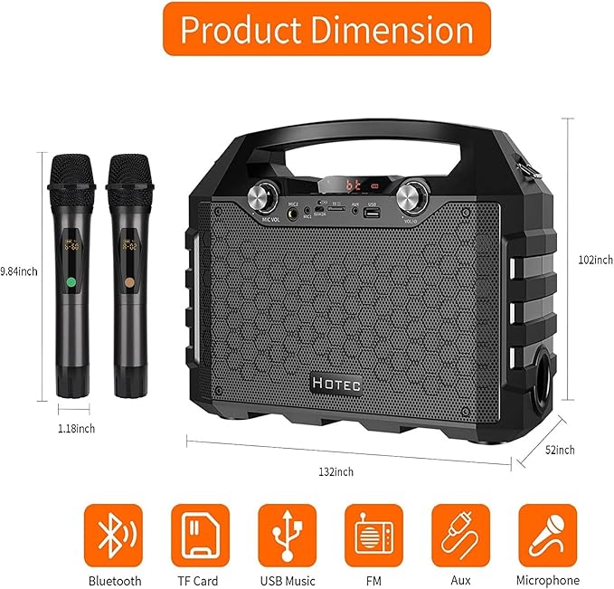 Hotec Wireless Portable PA Speaker System, Powerful Bluetooth Karaoke Machine with Dual Wireless Microphone for Wedding, Party, Teaching, Karaoke, Other Outdoor and Indoor Activities