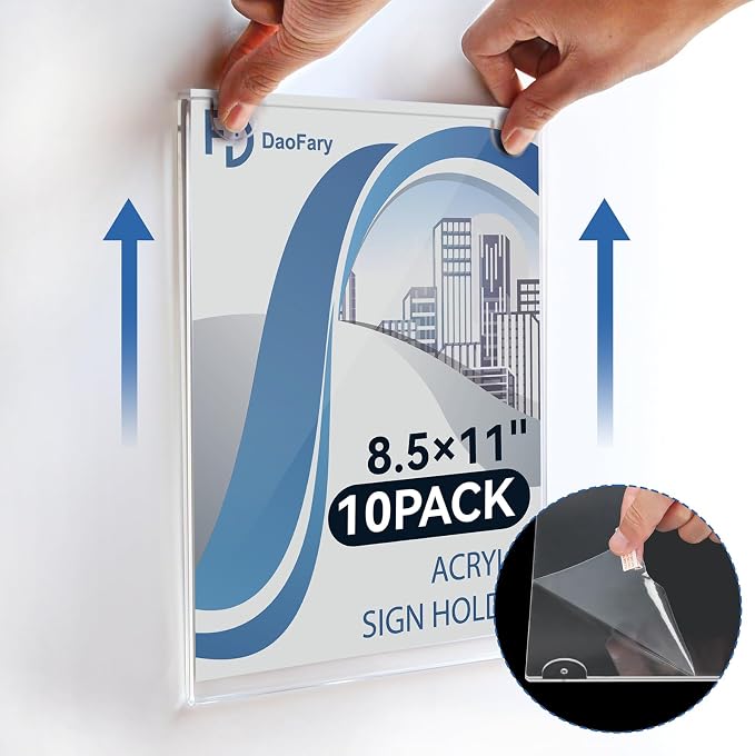 Daofary Acrylic Wall Sign Holder 8.5 x 11, 26 Pack Wall Mount,3-Way Install | Clear Acrylic Wall Picture Frame with Adhesive Tape, Screws and Rope; Easy Paper Changes for Offices, Stores and Schools - Image 5