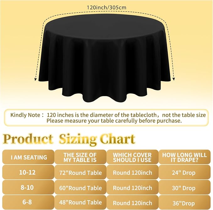12 Pack Round Tablecloth 120 inch Black Table cloths for Round Tables,Stain and Wrinkle Resistant Washable Polyester Tablecloths Black Table Cloth 120 Inch Round Table Cloth for Wedding Party Birthday - Image 2