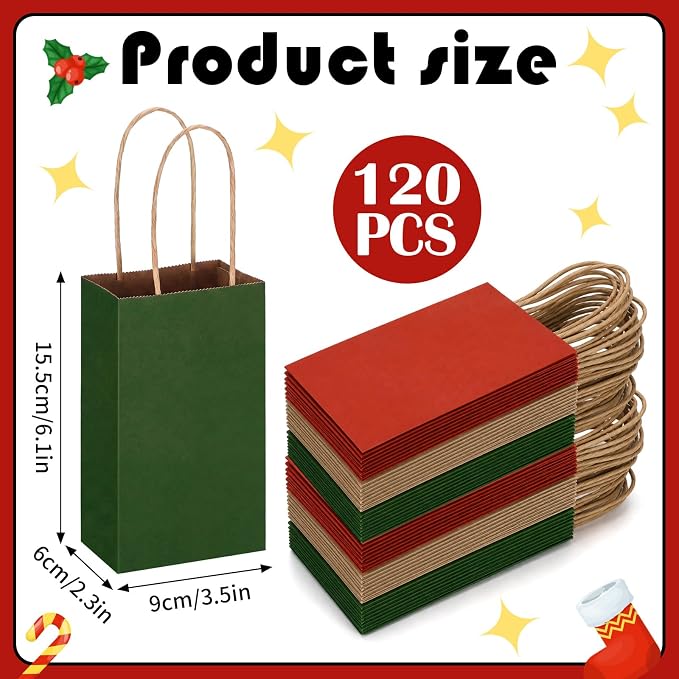 Kolldenn 120 Pcs Brown Red and Green Christmas Gift Bags Holiday Gift Kraft Paper Bags with Handles for Wedding Baby Shower Bridal Shower Shopping Party Favor Business(6.1 x 3.5 x 2.3 Inches) - Image 2