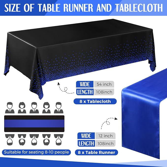 8 Pack Black and Blue Tablecloths and Satin Runners Set | 54x108 Inch Disposable Tablecloth and 12x108 Inch Satin Runners for Wedding Birthday Party Baby Shower Christmas New Year - Image 2