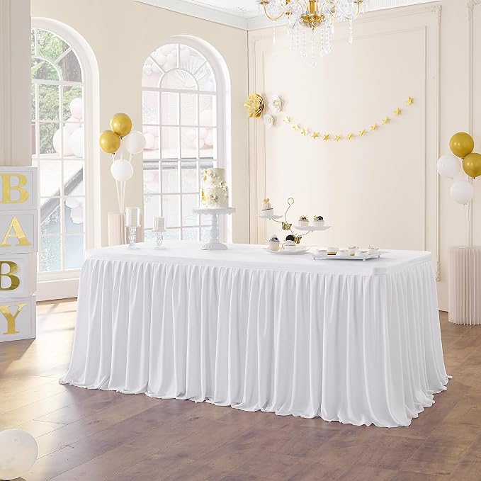 72inch White Polyester Table Skirts for Rectangle Tables 6ft(Cover Front), Wrinkle Free Pleats Ruffle Cloth Table Skirt for Banquet Wedding Party Cake Dessert Craft Gift Tables Decorations - Image 3