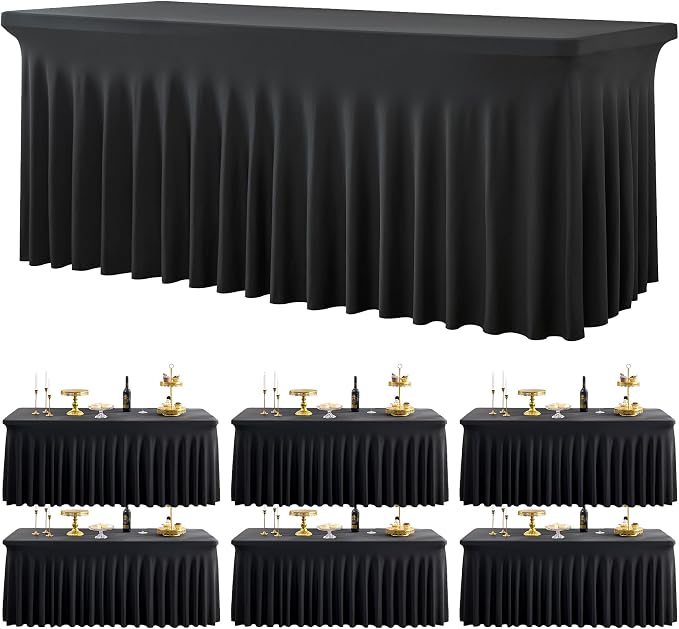 6 Pack Spandex Black Table Clothes for 6 Foot Rectangle Tables, Wrinkle Free Table Cloth Fitted Tablecover Stretchy Tablecloths with Skirt for Parties Wedding Banquet by Htper