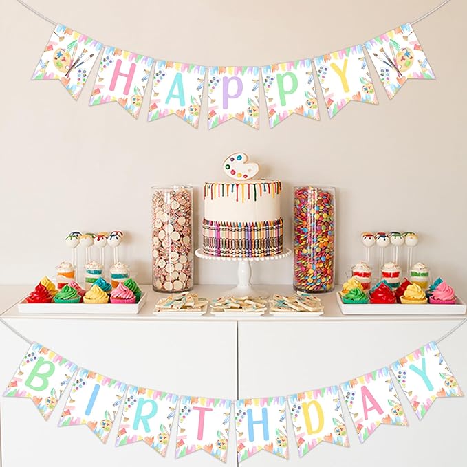 Art Party Decorations Girl Pastel Happy Birthday Banner Pre-Strung Macaron Crayon for Rainbow Painting Drawing Artist Theme Party Supplies