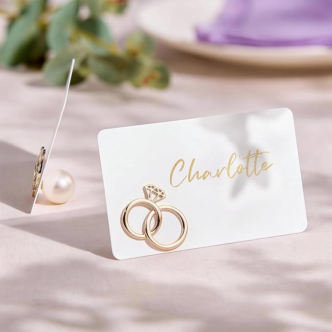 UNIQOOO 24Pcs Decorative Diamond Ring Place Card Holders Bulk, Matching Rings Name Card Holders, for Wedding Engagement Decor, Table Setting, Name Tag, Party Food Labels