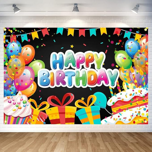 Balloon Cake Birthday Party Backdrop Black Colorful Happy Birthday Banner Balloon Cake Photography Background for Home Decorations Party Supplies 70.8 x 47.2 Inch