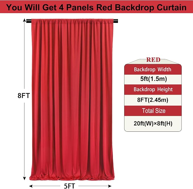 30ft×8ft Wrinkle Free Red Backdrop Curtain for Party, 6 Panels 5×8ft Thick Silky Polyester Red Photo Backdrops Drapes Curtains for Birthday Baby Shower Themed Parties Wedding Photography - Image 5
