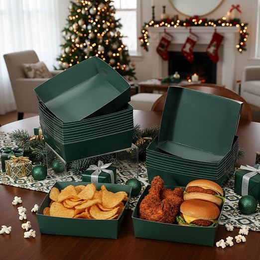 Uiifan 50 Pcs 5 lb Extra Large Paper Food Trays Disposable Food Boat Nacho Plate Serving Snack Trays Grease Resistant Self-assembly for Back to School Party Birthday Wedding Supply (Dark Green) - Image 2