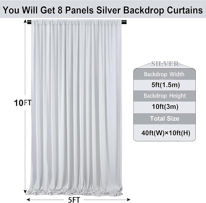 40ft×10ft Sliver Grey Wrinkle Free Backdrop Curtains for Parties, 8 Panels 5×10ft Thick&Silky Polyester Sliver Photo Backdrop Drapes Curtains for Birthday Party Baby Shower Wedding Photography - Image 5