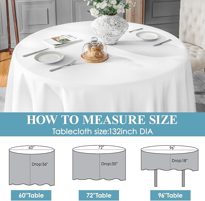 VidaFete 2 Pack 132inch Round Tablecloths Polyester Table Cloth, White | Stain and Wrinkle Resistant Polyester Dining Table Cover for Kitchen Dining Party Wedding Tabletop Buffet Decoration - Image 2