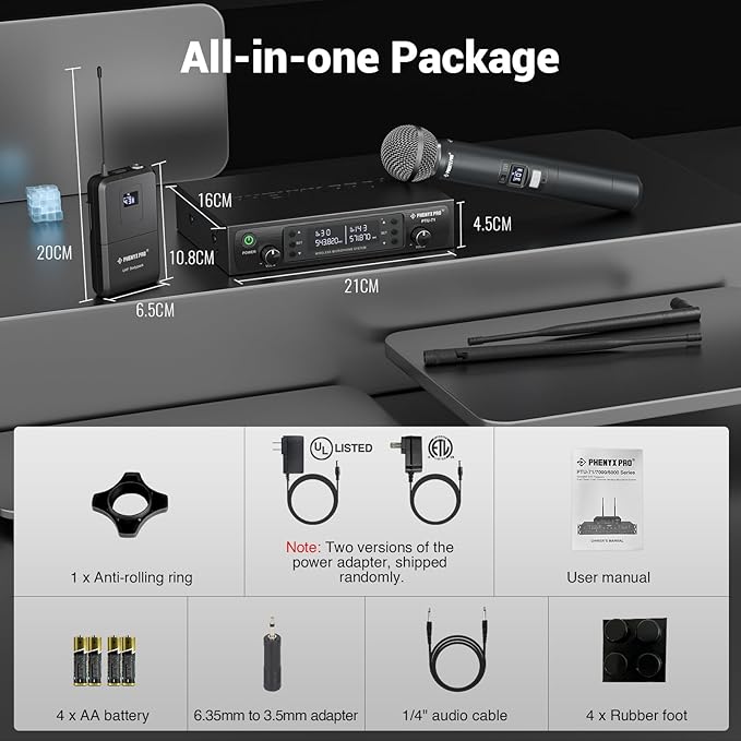 Phenyx Pro Wireless Microphone System, Dual Mic Set with Handheld/Bodypack/Lapel Mics,Auto Scan, 2x100 UHF Frequencies,328ft Range,Cordless Microphone for Singing, Karaoke, Church(PTU-71-1H1B)