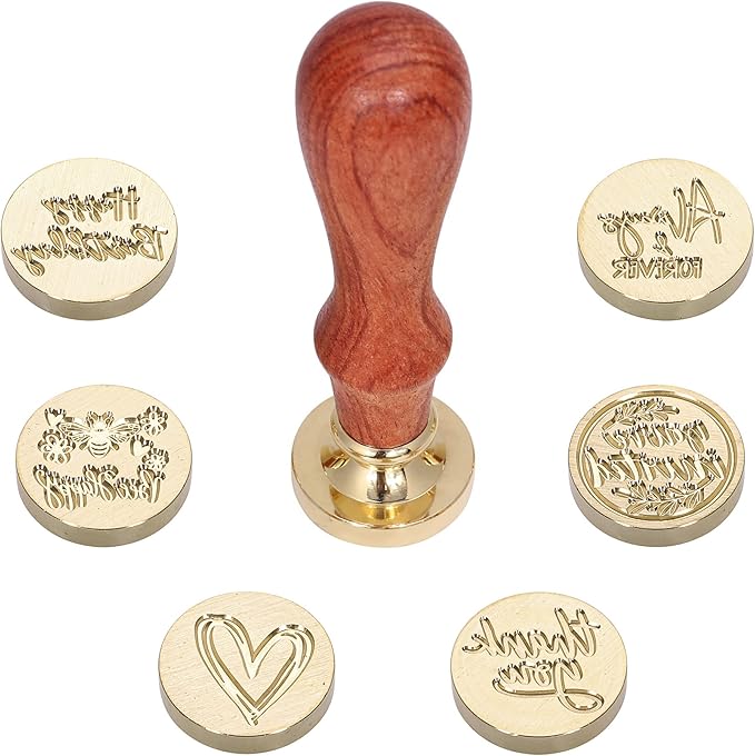 Yoption Wax Seal Stamp Gift Box Kit, 6 Pieces Blessing Sealing Wax Stamp Heads with 1 Wooden Hilt Set, Wax Stamp Kit for Envelopes Invitation Card Gift Decoration (Phrases Series)